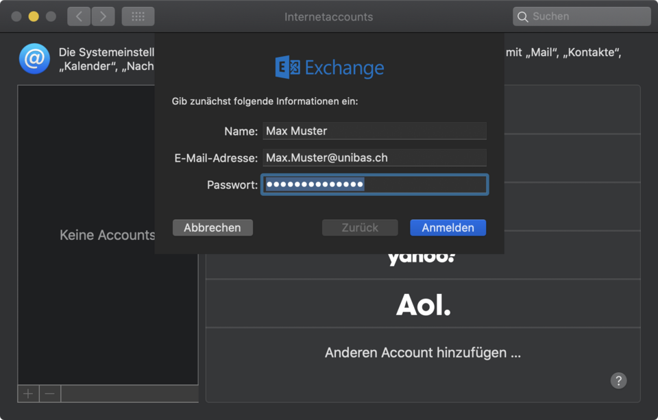 Exchange - Anmeldefenster mit Kennwort